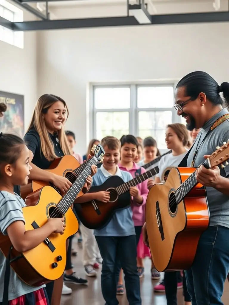A photo of a community outreach program where WIND MILE MUSIQUE is providing musical instruments and lessons to underprivileged youth.