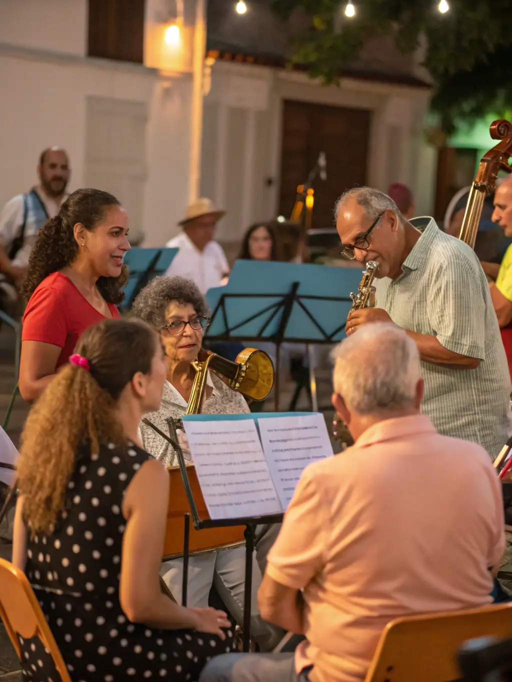 A vibrant image of a music workshop in progress, showing diverse participants engaged in learning and creating music, reflecting WIND MILE MUSIQUE's commitment to music education.