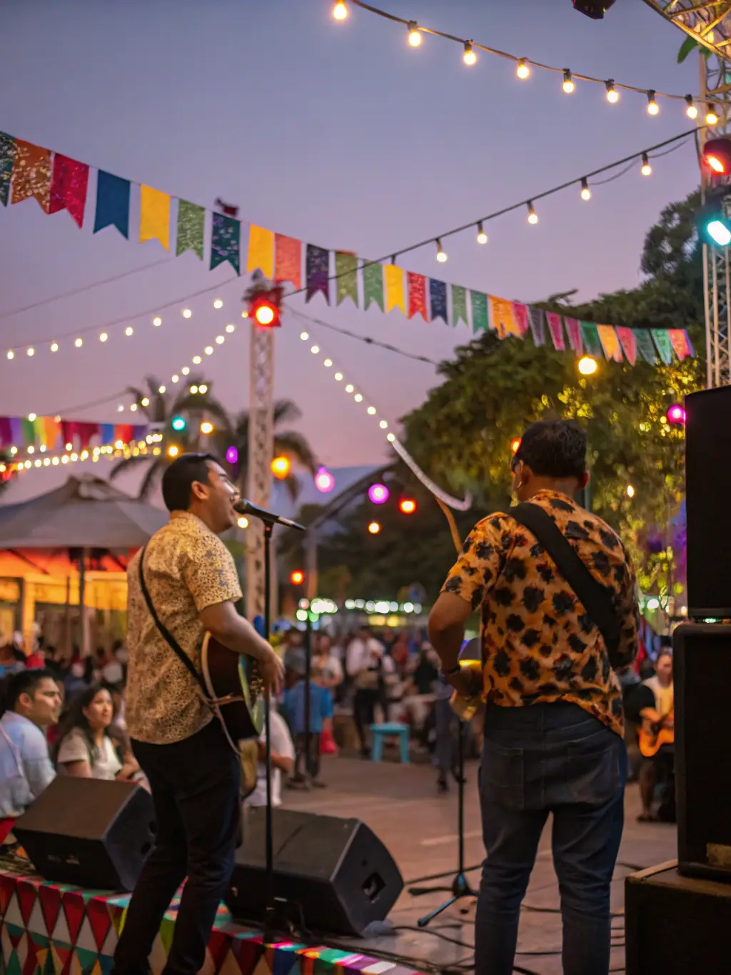 A photograph capturing a live performance event organized by WIND MILE MUSIQUE, showcasing local artists and a diverse audience enjoying the music.