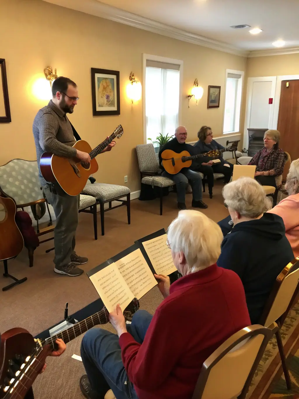 A photograph of a WIND MILE MUSIQUE workshop, where experienced musicians are mentoring aspiring young artists, demonstrating the organization's dedication to education and mentorship.