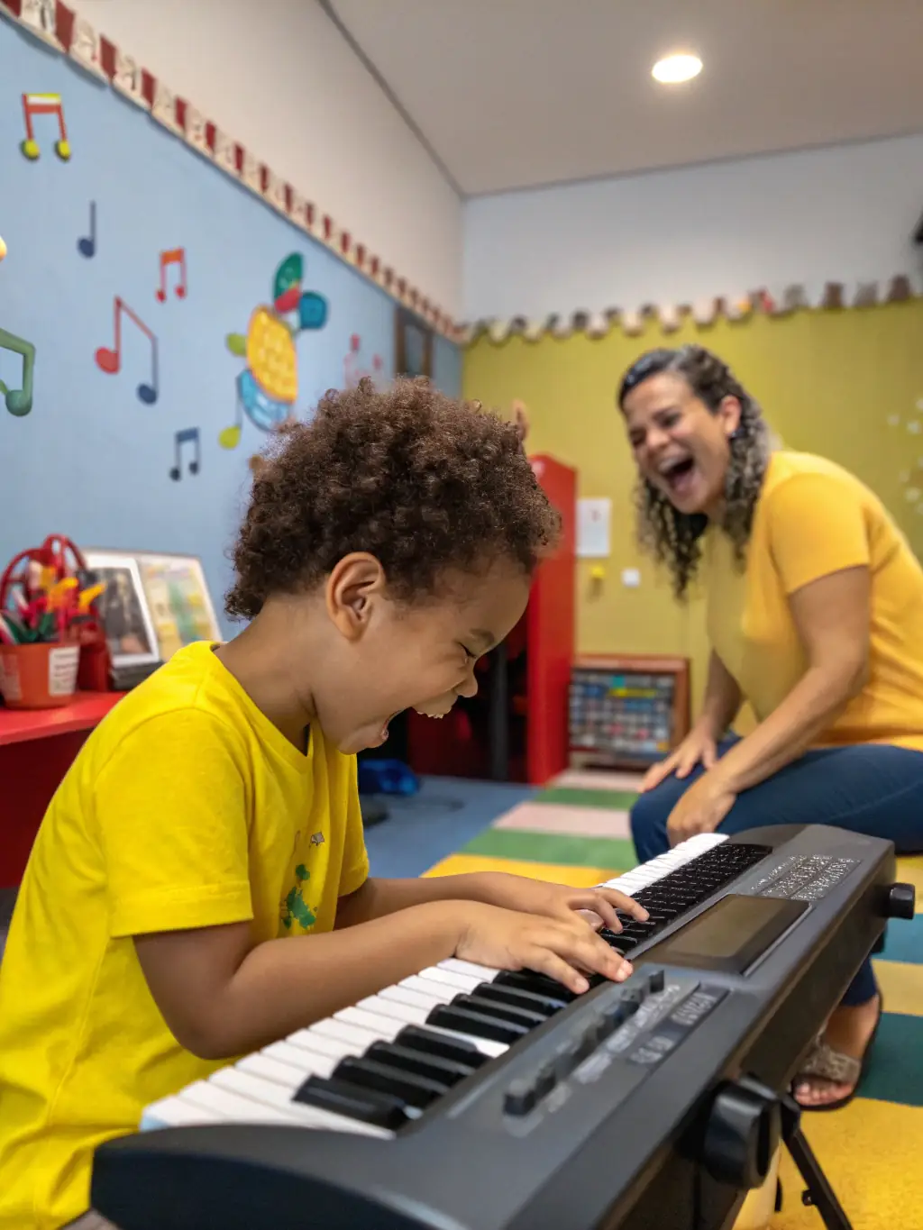A heartwarming image of a music therapist working with children in a WIND MILE MUSIQUE outreach program, using music to promote healing and emotional well-being.