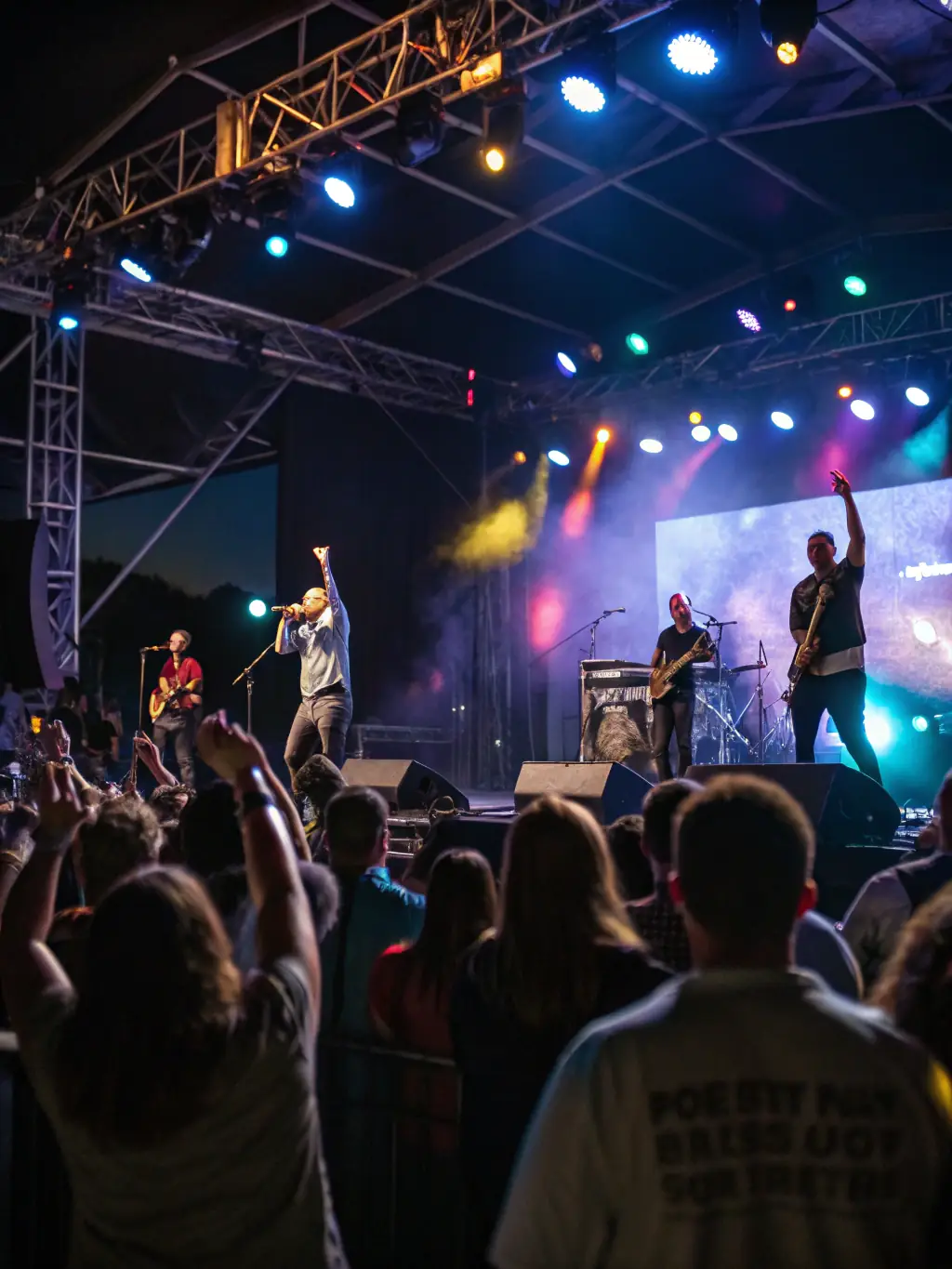 A dynamic photo capturing a live performance at a WIND MILE MUSIQUE-sponsored event, showcasing a local band on stage with an enthusiastic audience in the foreground.