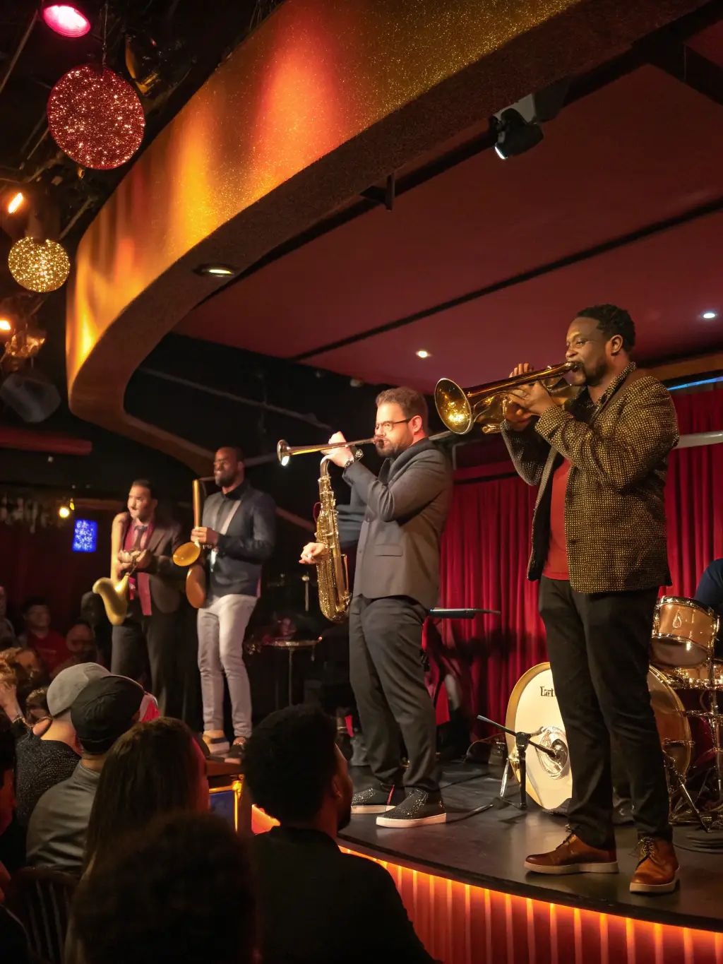 A dynamic photo of a jazz band in full swing at an outdoor festival, showcasing the lively atmosphere and community spirit of the event, to advertise an upcoming jazz festival.