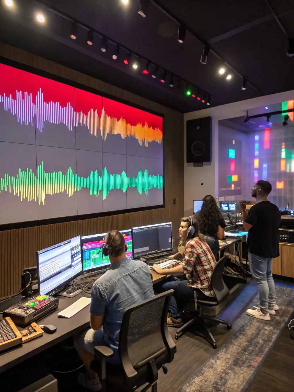 A vibrant image of a group of young musicians participating in a WIND MILE MUSIQUE workshop, focused on songwriting and composition, set in a brightly lit studio with various instruments visible.