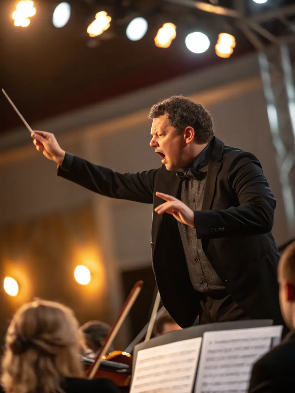 A close-up shot of a conductor leading an orchestra, emphasizing the precision and artistry involved in creating beautiful music, to announce a fundraising gala.