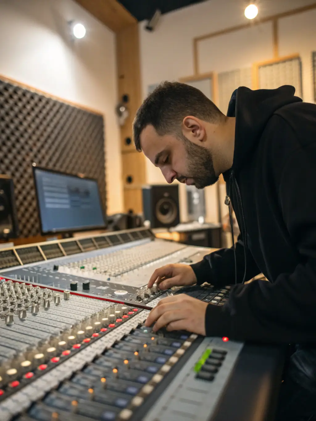 A focused shot of a sound engineer working at a mixing console in a WIND MILE MUSIQUE recording session, with musicians visible in the background through the glass.